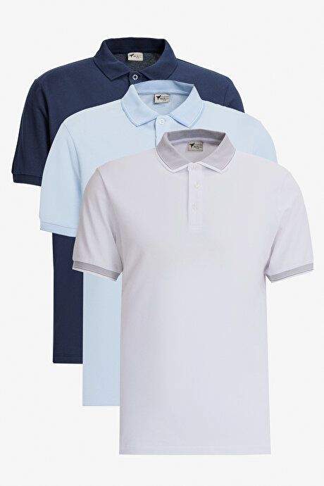 Non-Shrinking Cotton Fabric Slim Fit Slim Fit Slim Fit Non-Curling Polo Collar 3-Piece White-Blue-Light Blue T-Shirt ET48242P3047K70