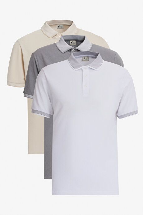 Non-Shrinking Cotton Fabric Slim Fit Slim Fit Slim Fit Non-Curling Polo Collar 3-Piece ACIK BEJ WHITE-GRAY MELANJ-WHITE T-Shirt ET48242P3047K71