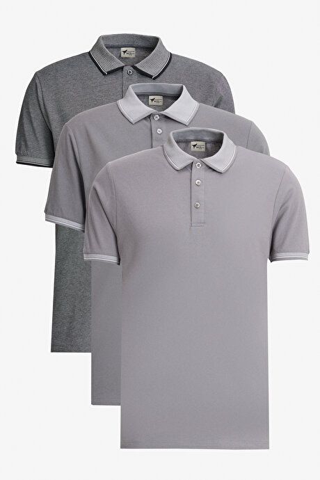 Non-Shrinking Cotton Fabric Slim Fit Slim Fit Slim Fit Slim Fit No Curl Polo Collar 3 Piece Light Black-Light Gray-Dark Gray T-Shirt ET48242P3047K91