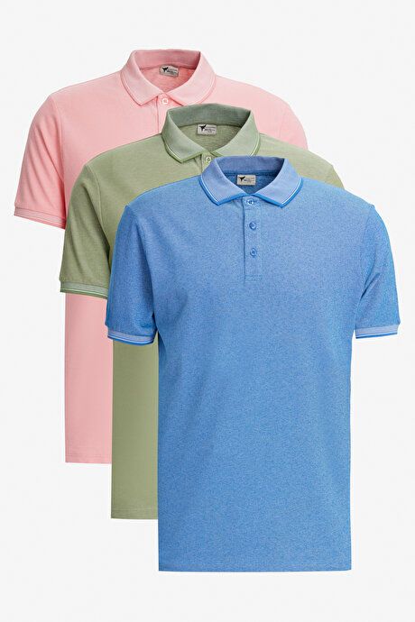 Non-Shrinking Cotton Fabric Slim Fit Slim Fit Slim Fit Non-Curling Polo Collar 3-Piece Green-Light Pink-Sax T-Shirt ET48242P3047K93