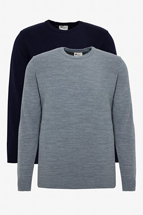 2-Pack Warm Standard Fit Regular Fit Crew-Neck Sweater Navy-Grey Melange Basic Pullover ET490000P201LGJ