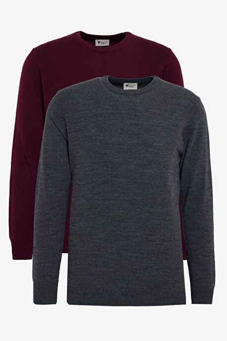 2-Pack Keep Warm Standard Fit Regular Fit Crew Neck Sweater ANTRASIT MELANJ-BORDO Basic Pullover ET490000P201NMB