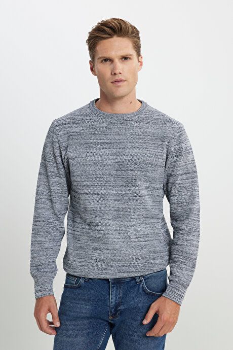 Standard Fit Regular Fit Cotton Crew-Neck Muline Patterned Light Gray-Navy Sweater ET4921100021AGL