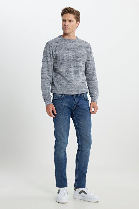 Standard Fit Regular Fit Cotton Crew-Neck Muline Patterned Light Gray-Navy Sweater ET4921100021AGL