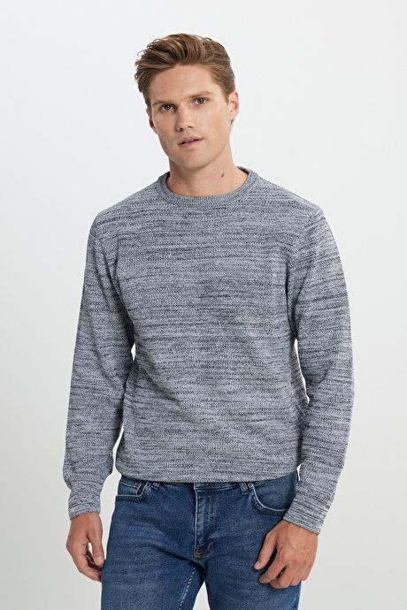 Standard Fit Regular Fit Cotton Crew-Neck Muline Patterned Light Gray-Navy Sweater ET4921100021AGL