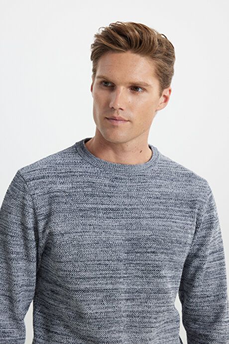 Standard Fit Regular Fit Cotton Crew-Neck Muline Patterned Light Gray-Navy Sweater ET4921100021AGL