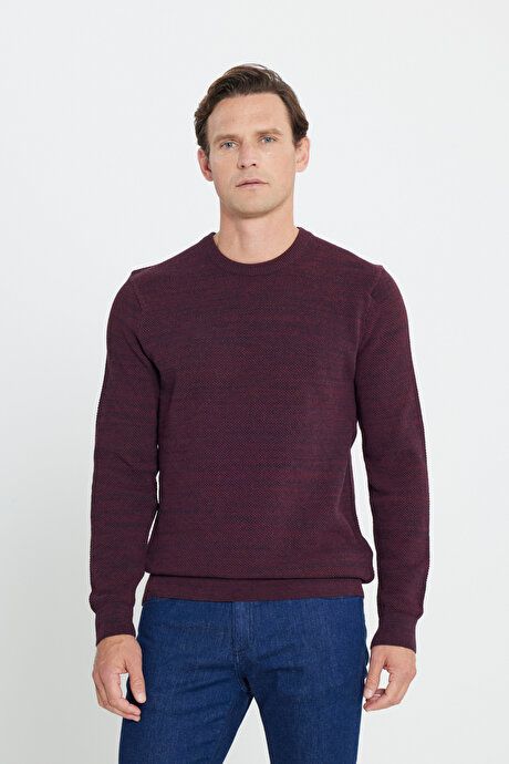 Standard Fit Regular Fit Cotton Crew-Neck Muline Patterned Burgundy-Navy Sweater ET4921100021BRL