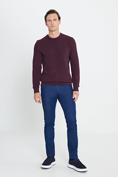 Standard Fit Regular Fit Cotton Crew-Neck Muline Patterned Burgundy-Navy Sweater ET4921100021BRL