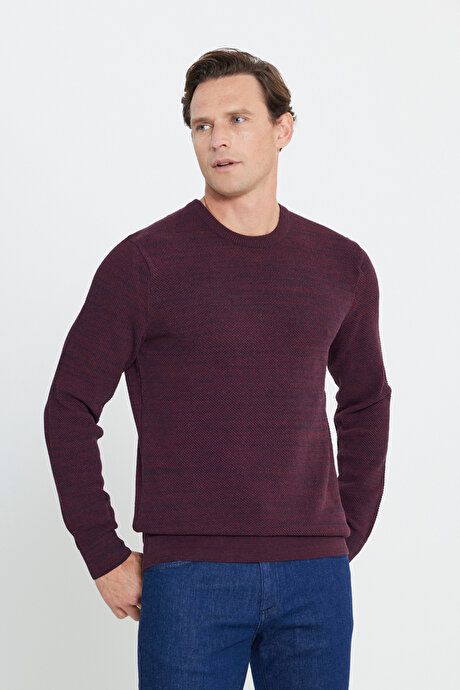 Standard Fit Regular Fit Cotton Crew-Neck Muline Patterned Burgundy-Navy Sweater ET4921100021BRL