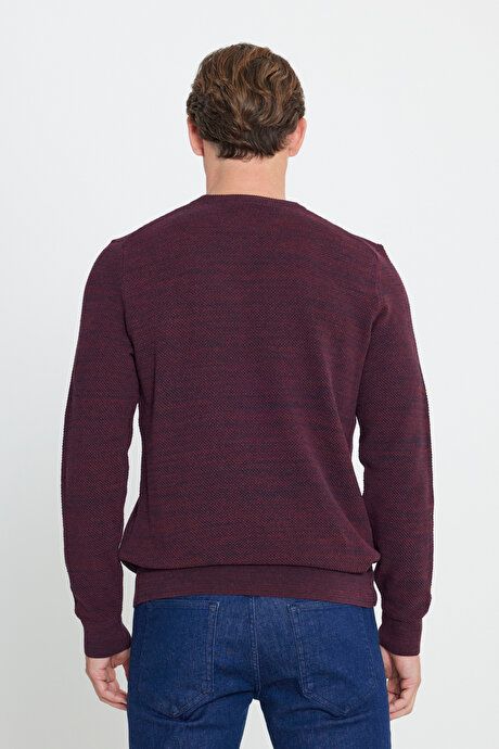 Standard Fit Regular Fit Cotton Crew-Neck Muline Patterned Burgundy-Navy Sweater ET4921100021BRL