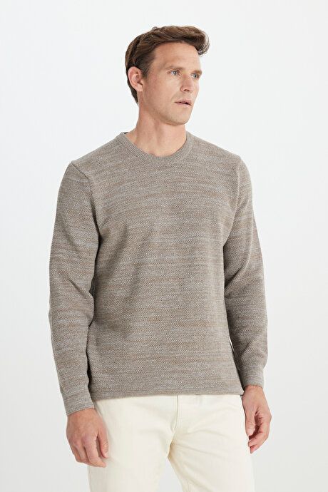 Standard Fit Regular Fit Cotton Crew-Neck Muline Print Bronze-Gray Sweater ET4921100021BZG