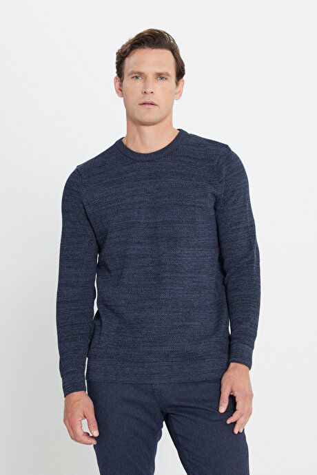 Standard Fit Regular Fit Cotton Crew-Neck Muline Patterned Indigo-Black Sweater ET4921100021ISY