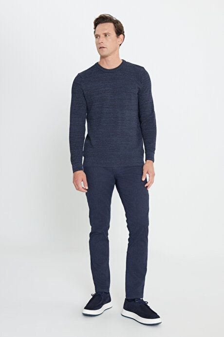 Standard Fit Regular Fit Cotton Crew-Neck Muline Patterned Indigo-Black Sweater ET4921100021ISY