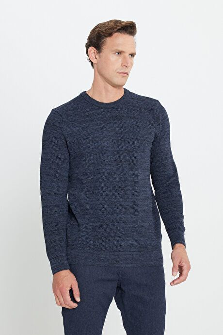 Standard Fit Regular Fit Cotton Crew-Neck Muline Patterned Indigo-Black Sweater ET4921100021ISY