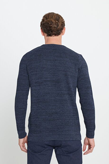 Standard Fit Regular Fit Cotton Crew-Neck Muline Patterned Indigo-Black Sweater ET4921100021ISY