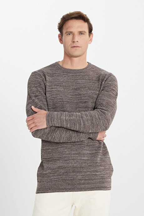 Standard Fit Regular Fit Cotton Crew-Neck Muline Patterned Coffee-Beige Sweater ET4921100021KHJ