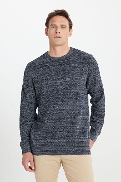 Standard Fit Regular Fit Cotton Crew-Neck Muline Print Navy-Grey Sweater ET4921100021LAG