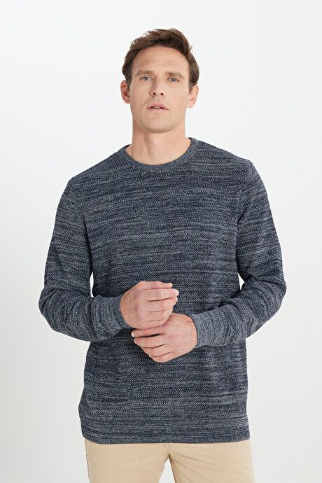 Standard Fit Regular Fit Cotton Crew-Neck Muline Print Navy-Grey Sweater ET4921100021LAG