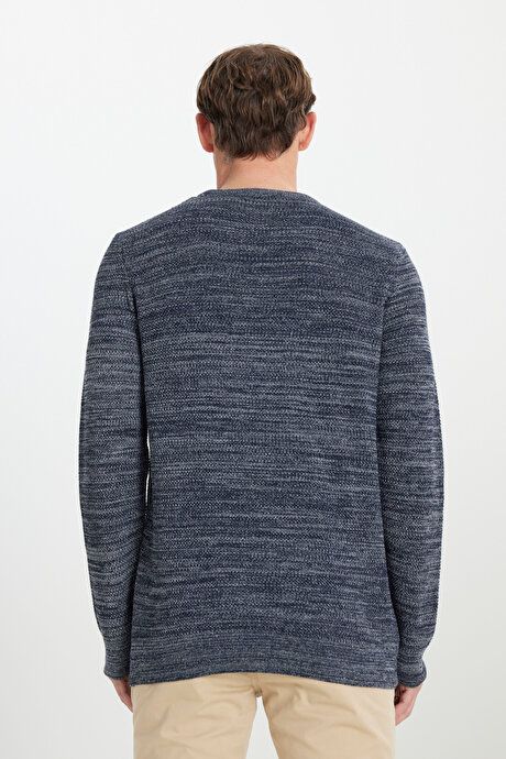 Standard Fit Regular Fit Cotton Crew-Neck Muline Print Navy-Grey Sweater ET4921100021LAG