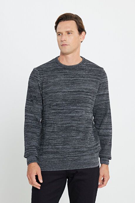 Standard Fit Regular Fit Cotton Crew-Neck Muline Print Black-Gray Sweater ET4921100021syg