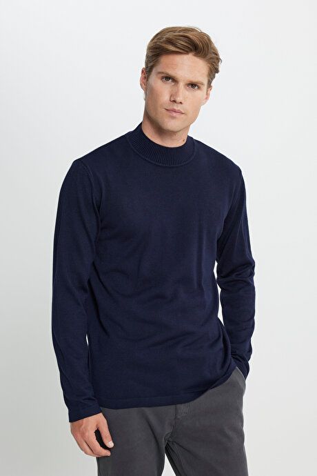 Non-Pilling Anti-Pilling Standard Fit Regular Fit Half Turtleneck Navy Blue Sweater ET4924100001LAC