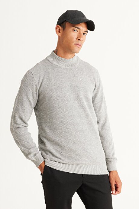 Standard Fit Regular Fit Half Turtleneck Cotton Jacquard Gray Melange Sweater ET4924100016GMJ