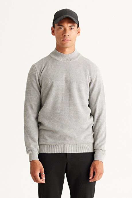 Standard Fit Regular Fit Half Turtleneck Cotton Jacquard Gray Melange Sweater ET4924100016GMJ