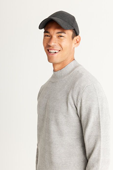 Standard Fit Regular Fit Half Turtleneck Cotton Jacquard Gray Melange Sweater ET4924100016GMJ