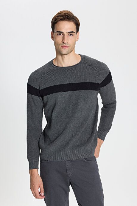 Standard Fit Regular Fit Crew-Neck Patterned Anthracite-Black Sweater ET4924100021ASH