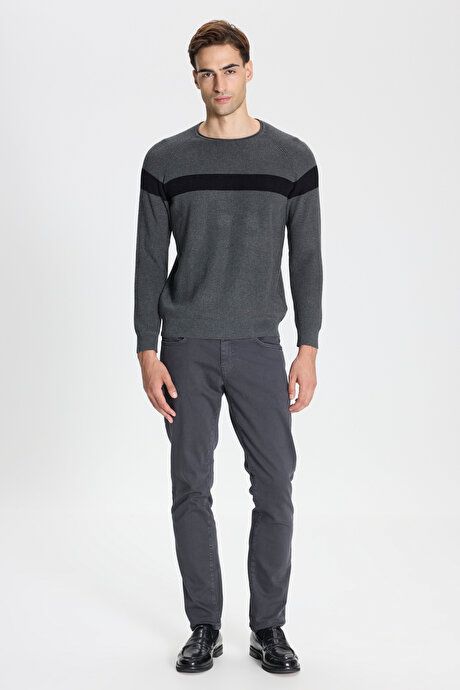 Standard Fit Regular Fit Crew-Neck Patterned Anthracite-Black Sweater ET4924100021ASH