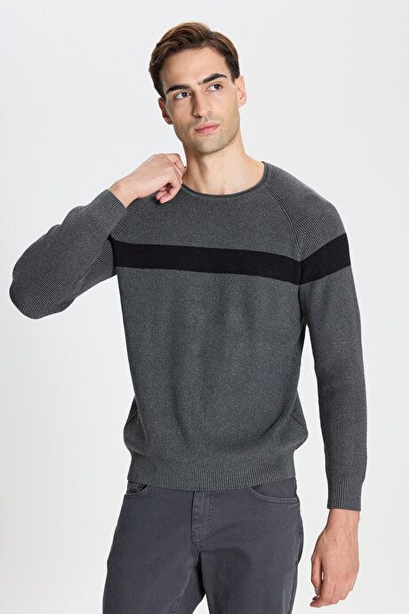 Standard Fit Regular Fit Crew-Neck Patterned Anthracite-Black Sweater ET4924100021ASH