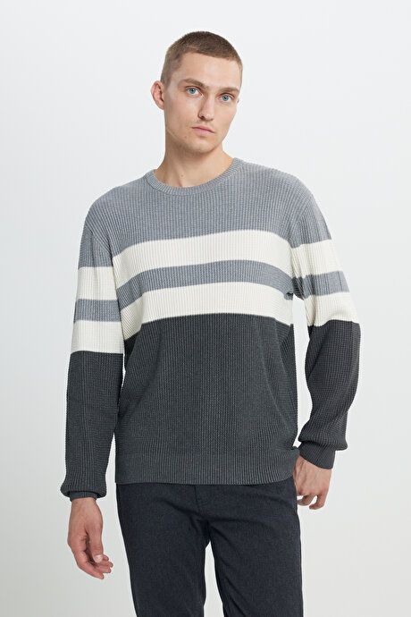 Standard Fit Regular Fit Crew-Neck Patterned Anthracite-Melange Sweater ET4924100022ANM