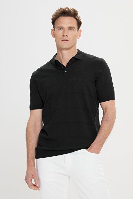 Standard Fit Regular Fit 100% Cotton Jacquard Polo Collar Black Sweater T-Shirt ET4924200006SYH