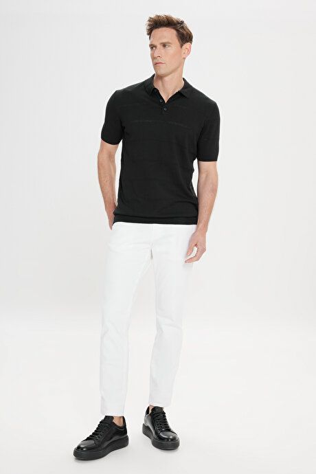 Standard Fit Regular Fit 100% Cotton Jacquard Polo Collar Black Sweater T-Shirt ET4924200006SYH