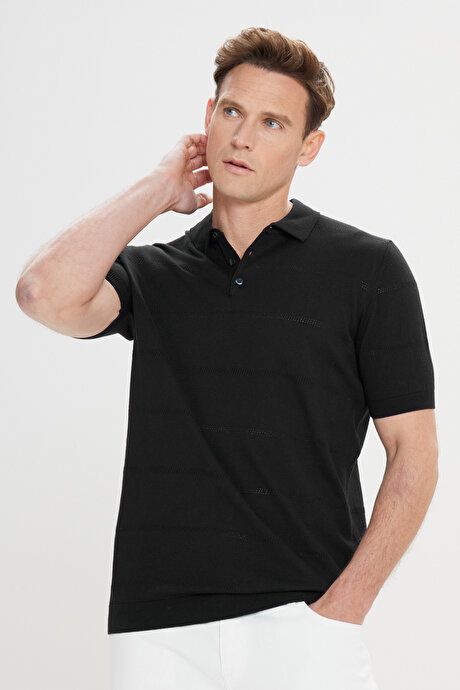 Standard Fit Regular Fit 100% Cotton Jacquard Polo Collar Black Sweater T-Shirt ET4924200006SYH