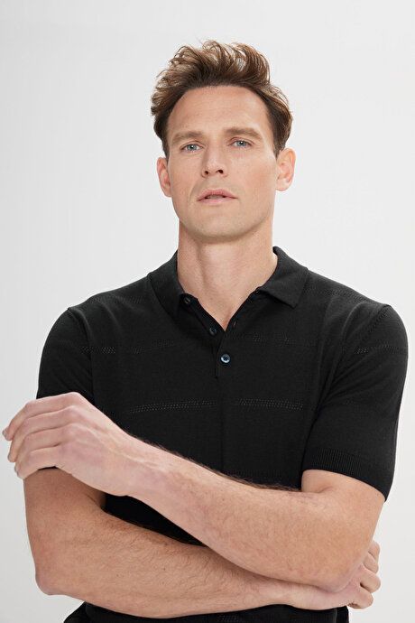 Standard Fit Regular Fit 100% Cotton Jacquard Polo Collar Black Sweater T-Shirt ET4924200006SYH