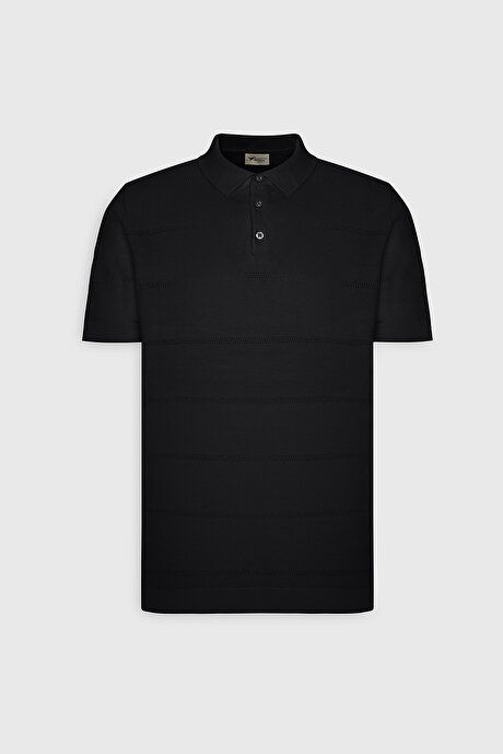 Standard Fit Regular Fit 100% Cotton Jacquard Polo Collar Black Sweater T-Shirt ET4924200006SYH