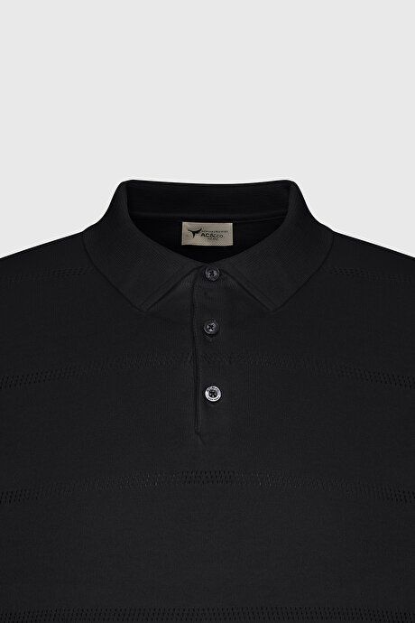 Standard Fit Regular Fit 100% Cotton Jacquard Polo Collar Black Sweater T-Shirt ET4924200006SYH