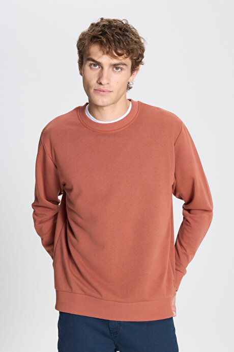 Standard Fit Regular Fit Crew Neck Cotton Light Brown Sweatshirt ET5200000000001AKH