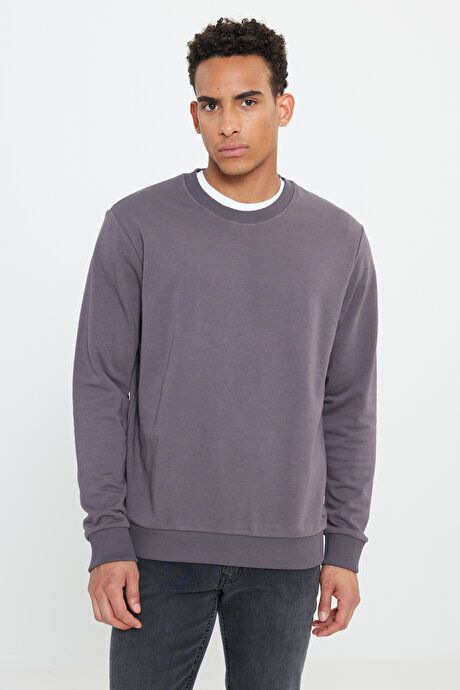 Standard Fit Regular Fit Crew Neck Cotton Dark Gray Sweatshirt ET5200000001KGR