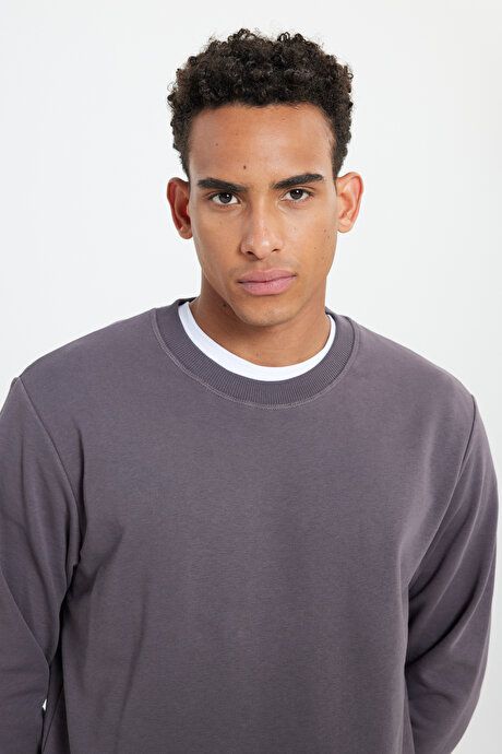 Standard Fit Regular Fit Crew Neck Cotton Dark Gray Sweatshirt ET5200000001KGR