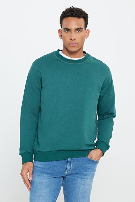 Standard Fit Regular Fit Crew Neck Cotton Dark Green Sweatshirt ET5200000001KYS