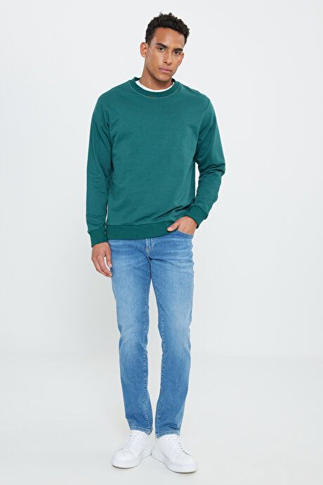 Standard Fit Regular Fit Crew Neck Cotton Dark Green Sweatshirt ET5200000001KYS