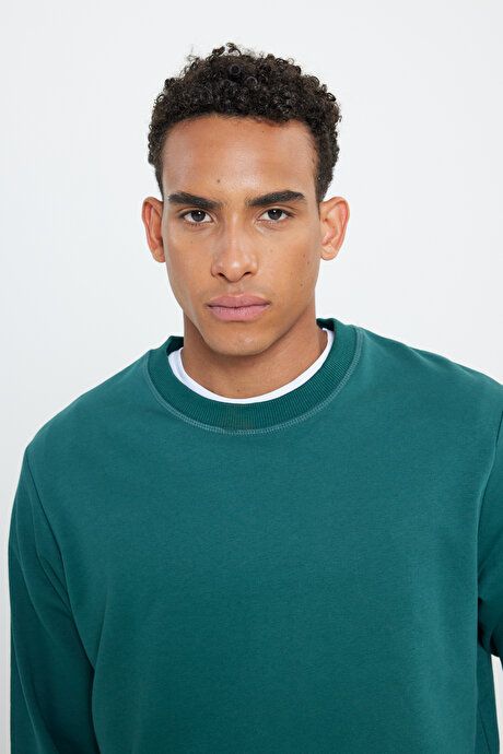 Standard Fit Regular Fit Crew Neck Cotton Dark Green Sweatshirt ET5200000001KYS