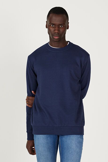 Standard Fit Regular Fit Crew Neck Cotton Navy Blue Sweatshirt ET5200000001LAC