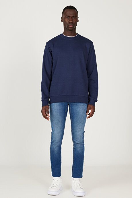 Standard Fit Regular Fit Crew Neck Cotton Navy Blue Sweatshirt ET5200000001LAC