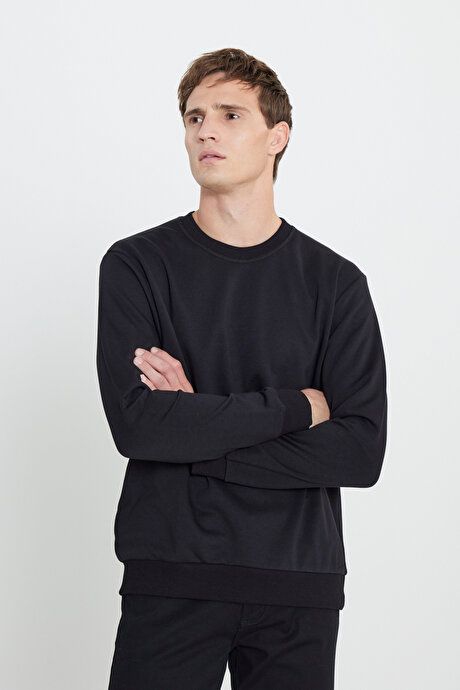 Standard Fit Regular Fit Crew Neck Cotton Black Sweatshirt ET5200000001SYH