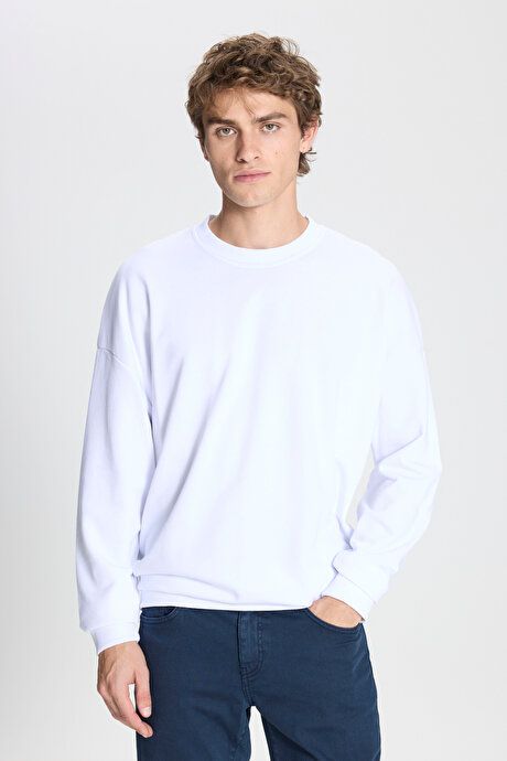 Oversized Loose Fit 3 Yarn Crew Neck Cotton White Sweatshirt ET5200000002BYZ