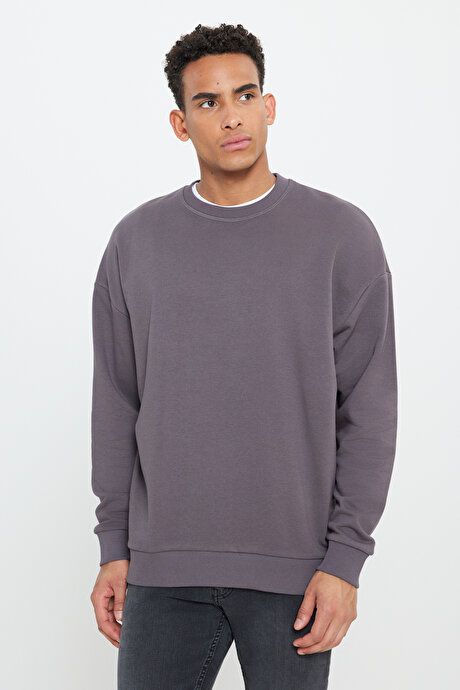 Oversized Loose Fit 3 Yarn Crew Neck Cotton Dark Grey Sweatshirt ET5200000002KGR