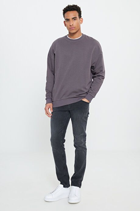 Oversized Loose Fit 3 Yarn Crew Neck Cotton Dark Grey Sweatshirt ET5200000002KGR